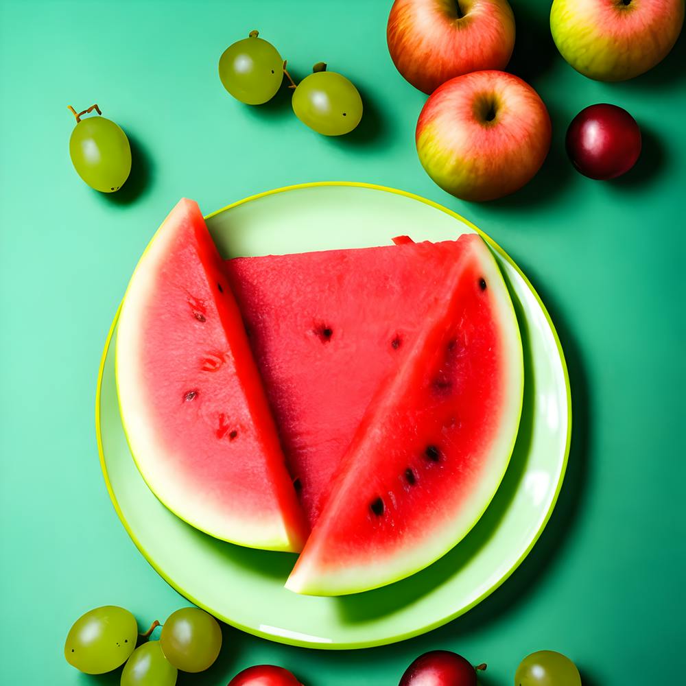 Watermelon Green Grapes Green And Red Apples On A Plate And A Calm Background (1) (1)