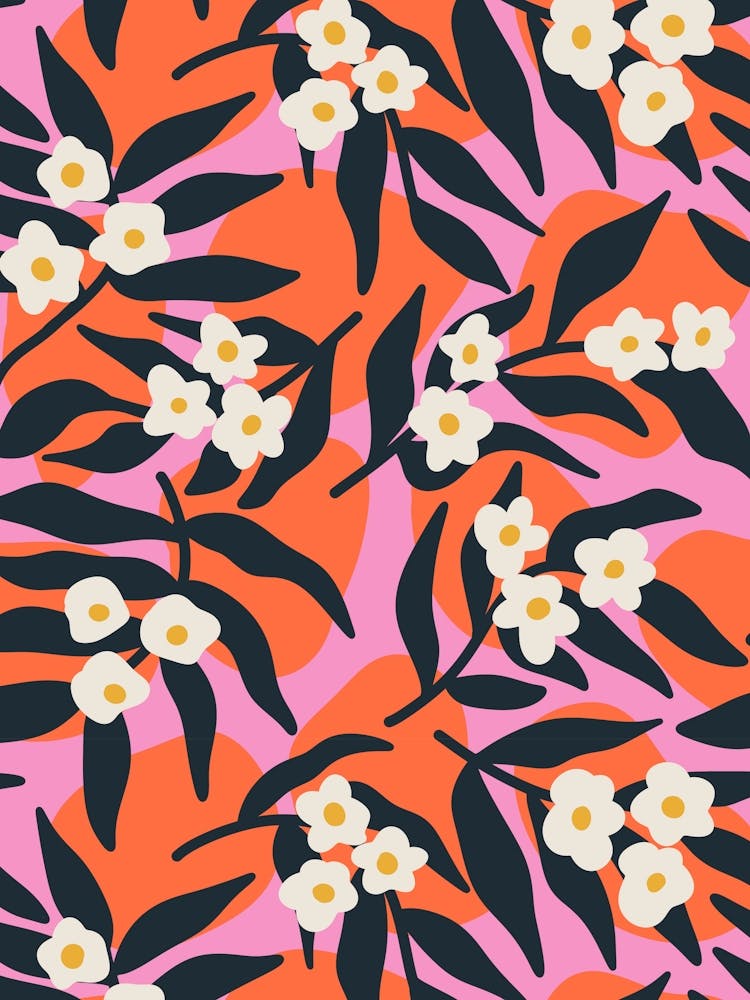 Blossoms on Flowing Leaves and Stones Orange, Pink, White