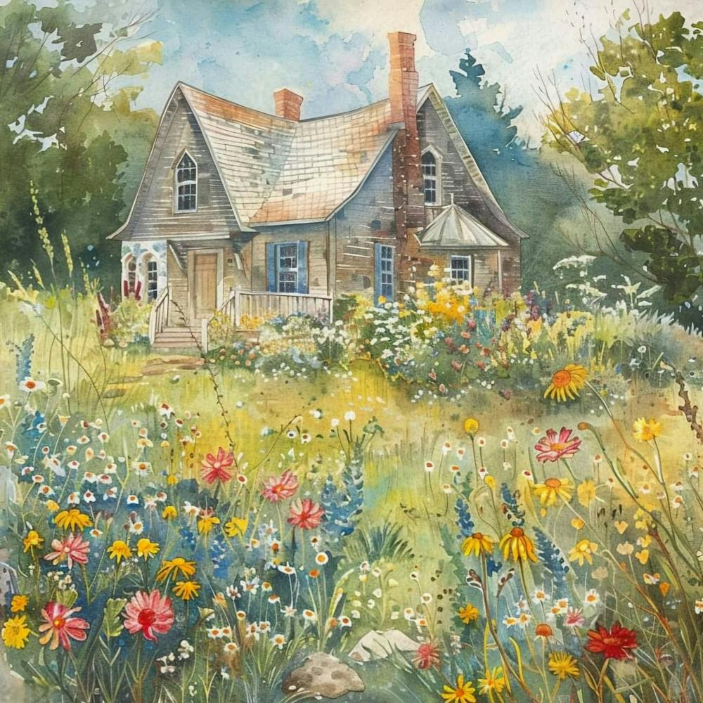 The Little Old Farmhouse Watercolor Painting | Wildflowers Americana Idyllics | Flowers Botanical Dreamy Perfect Nostalgia