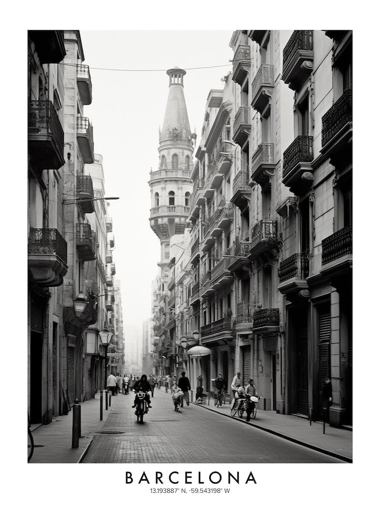 Poster Of Barcelona, Black And White Analogue Photograph 1