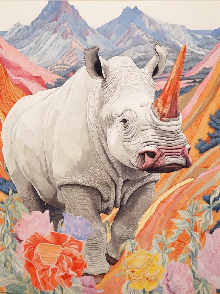Patchwork Floral Rhino With Mountain In The Background 9