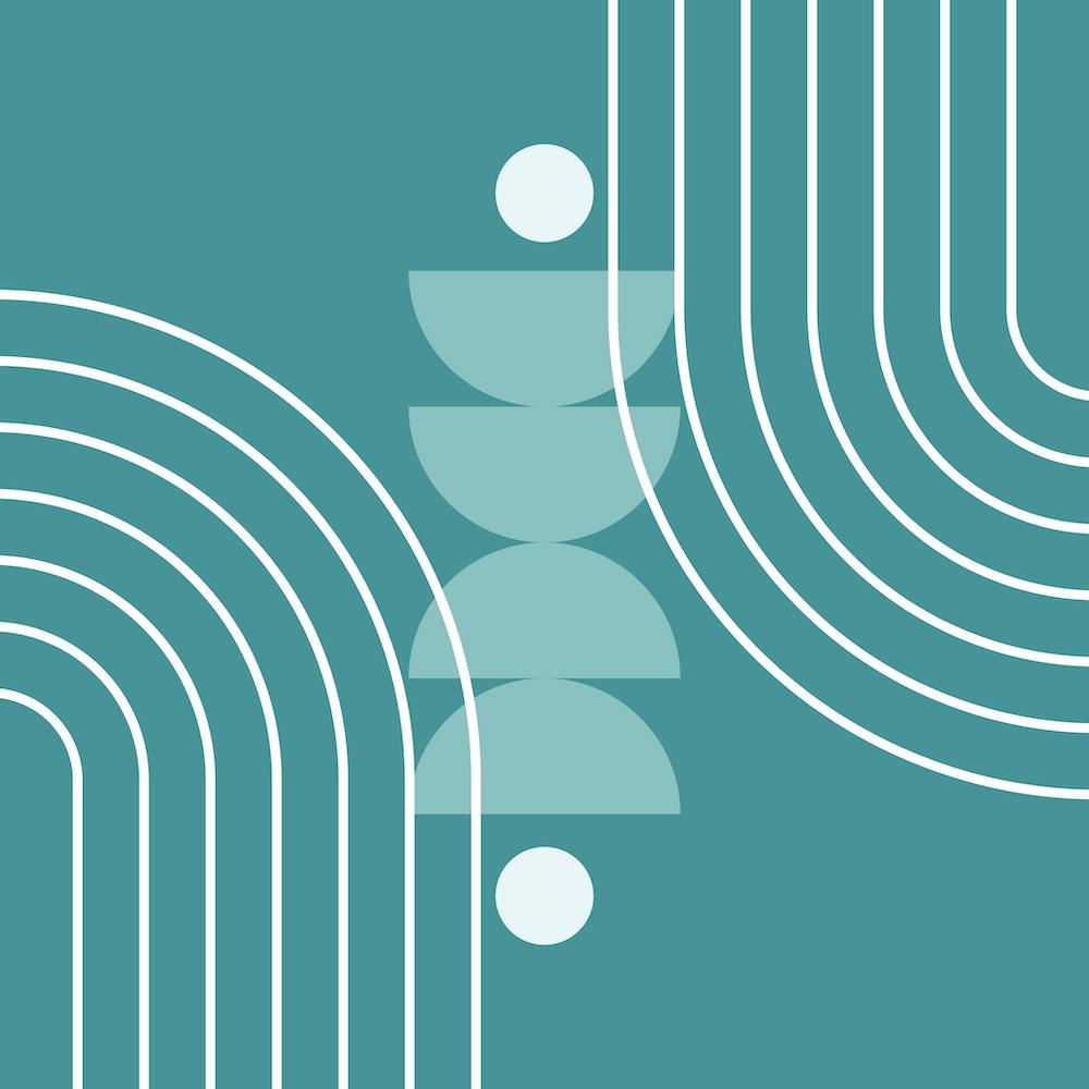 Abstraction Géométrique Moderne Mid-Century, Arc-en-ciel, Soleil, Phases de la Lune, Scandinave en Vert Sarcelle