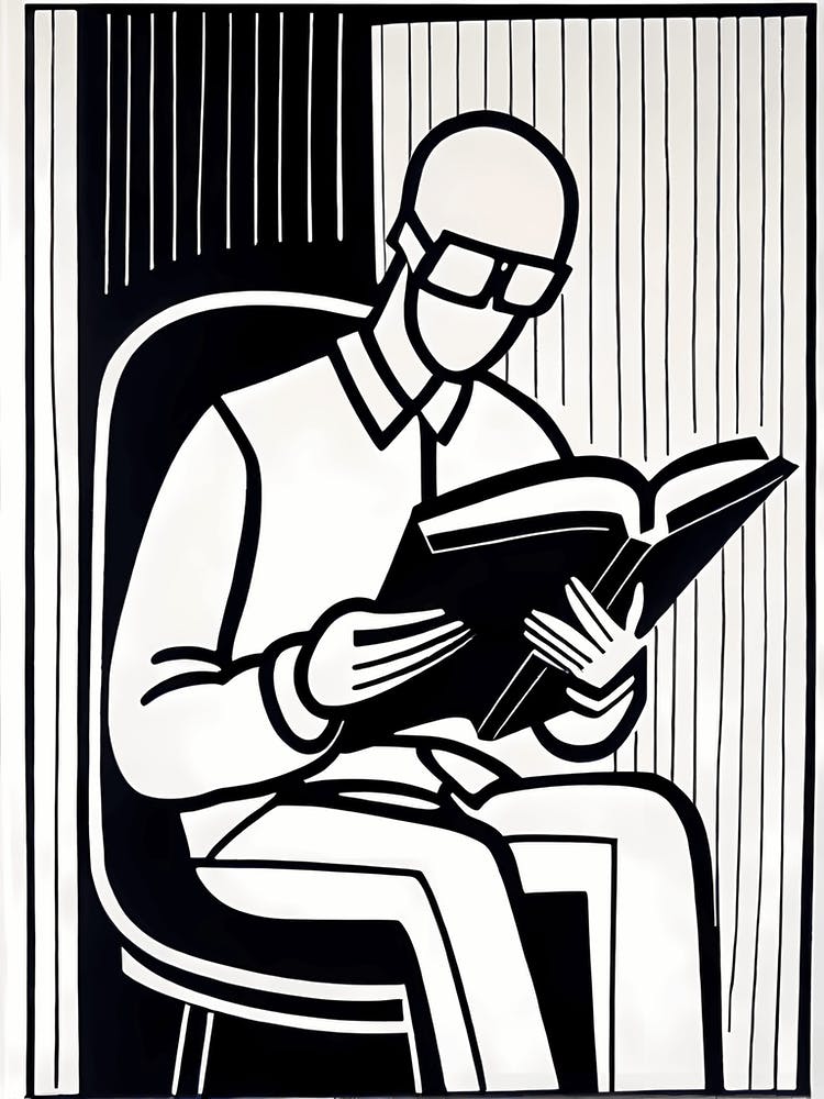 Inspiré de la coupe Lion - Portrait stylisé noir et blanc d'une personne lisant un livre, art de la lecture, rat de bibliothèque, lecteur 198