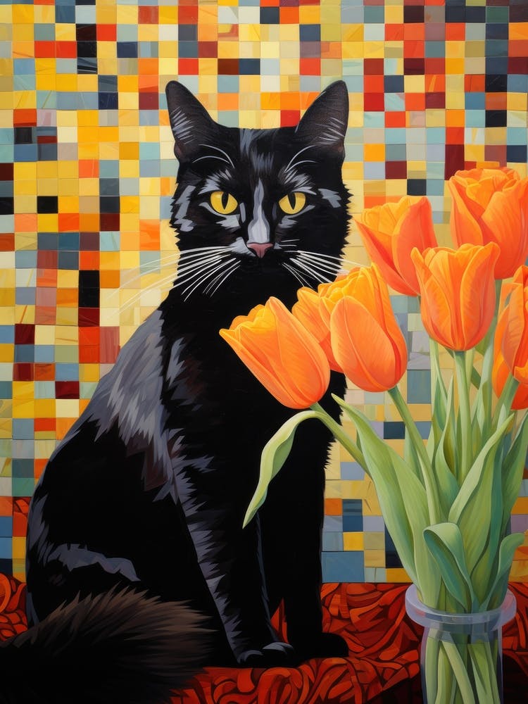 Black Cat With Tulips