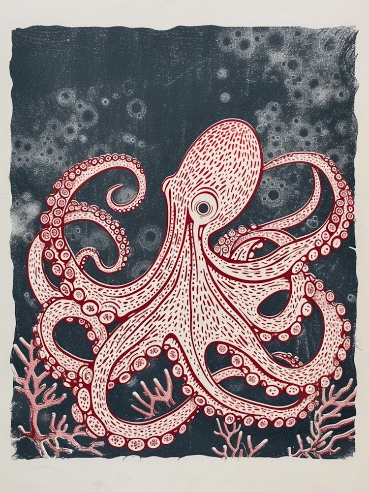 Linolschnitt-inspizierter marineblauer roter Oktopus mit Koralle 3