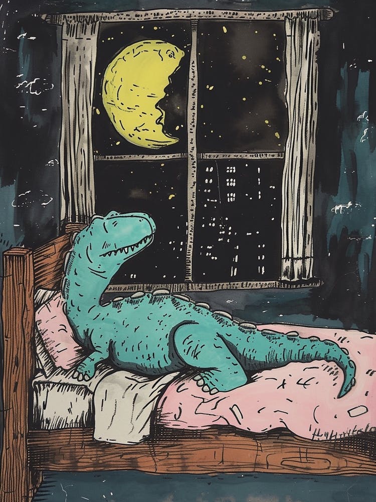 Dinosaur Snoozing In Bed At Night Abstract Illustration 3