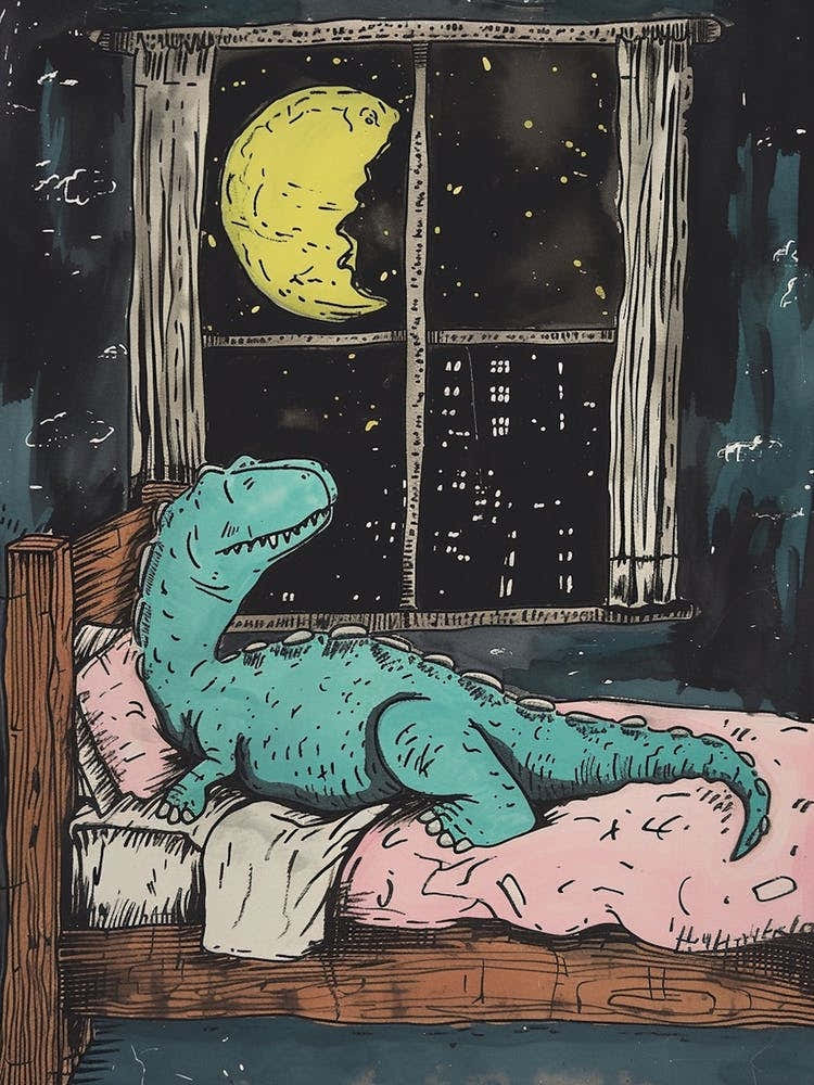 Dinosaur Snoozing In Bed At Night Abstract Illustration 3