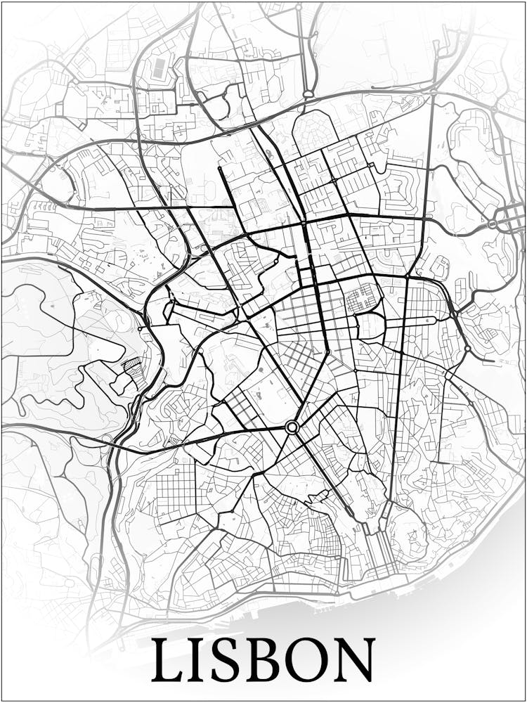 Lisbon, Portugal, City Map, Black And White Fade Design