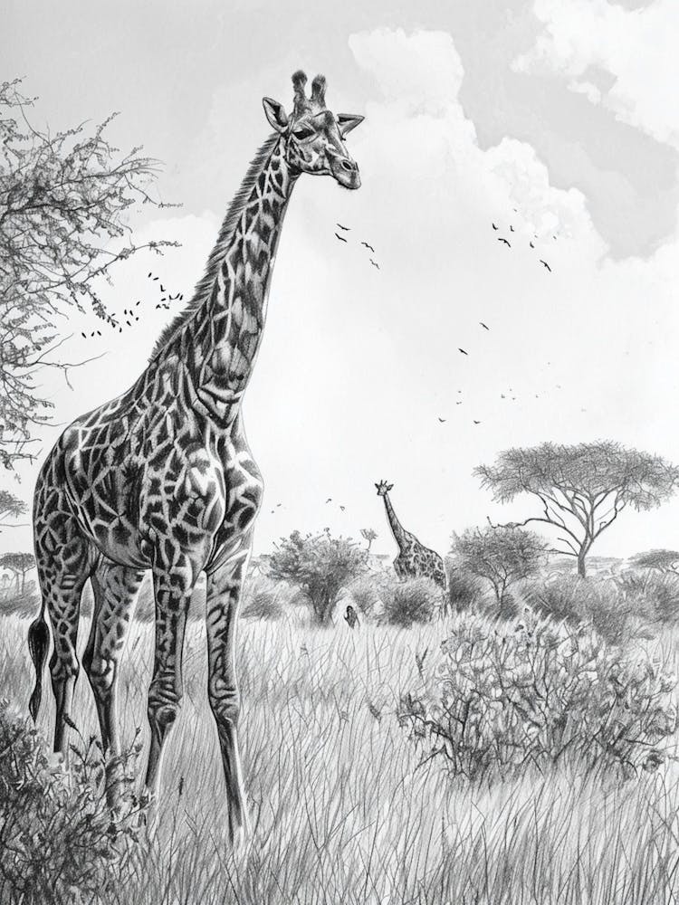 Two Giraffe In The Wild Pencil Drawing