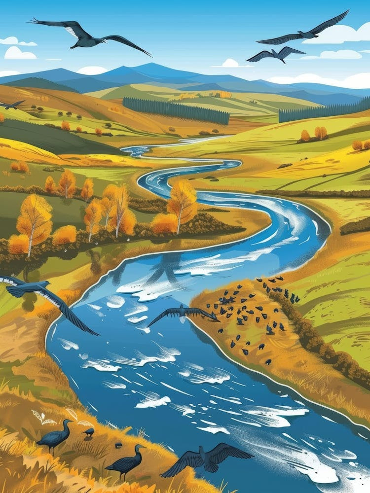 River Landscape With Birds