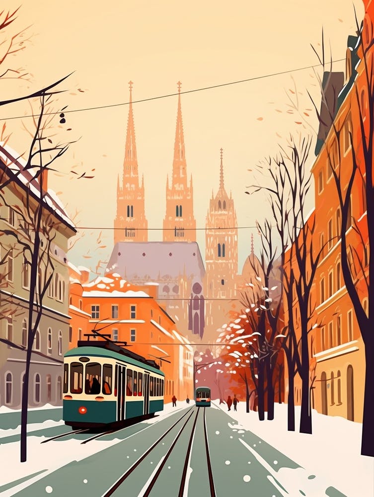 Vintage Winter Travel Illustration Vienna Austria 4