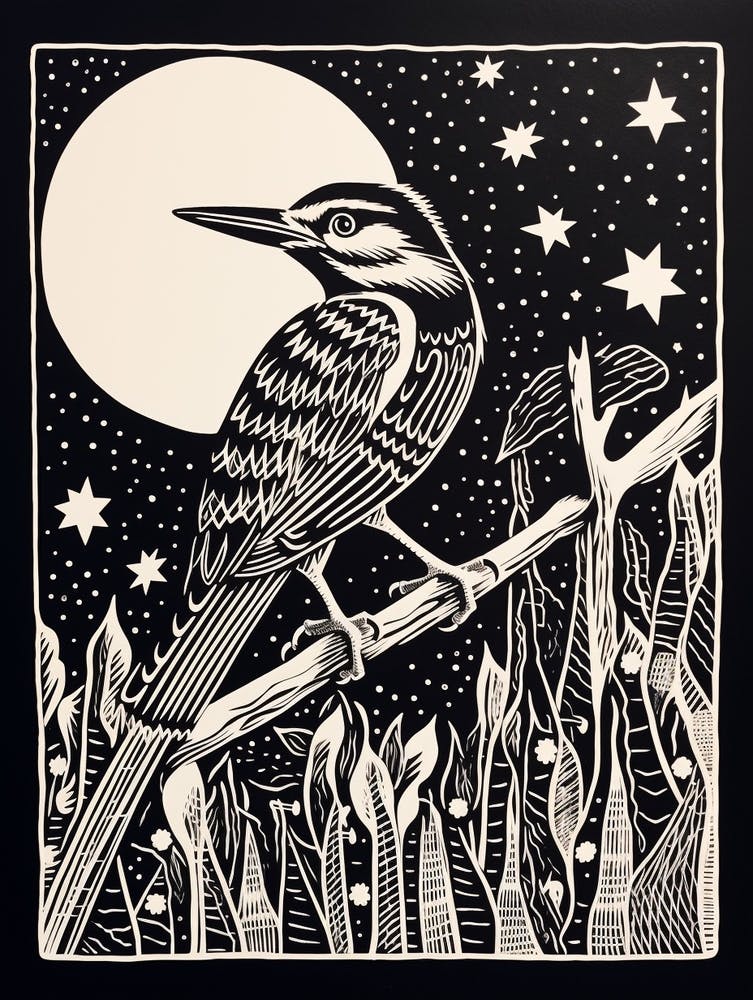 B&W Bird Linocut Woodpecker 2