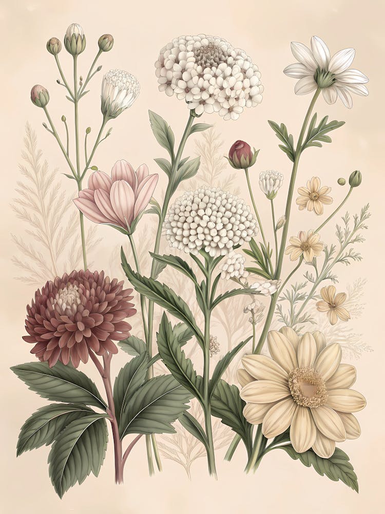 Sepia Botanical Chart Vintage Floral Species Illustration