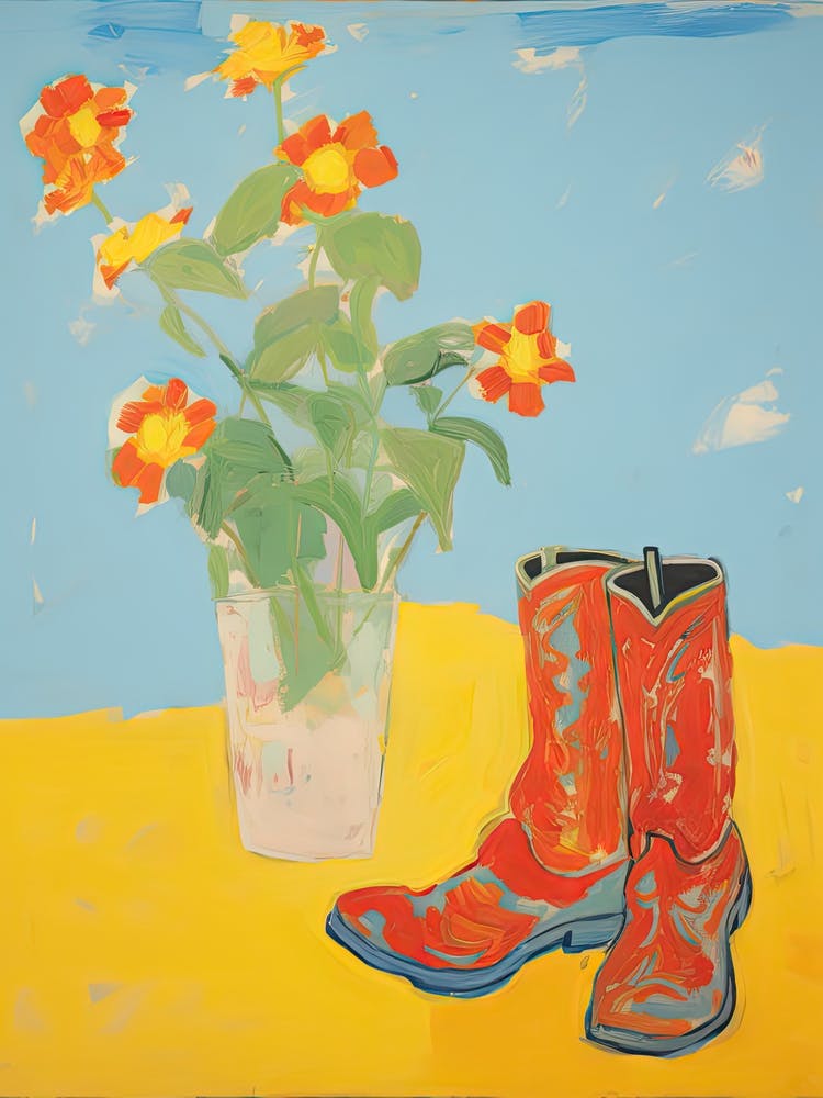 Painting Of Orange Flowers And Cowboy Boots, Oil Style 4