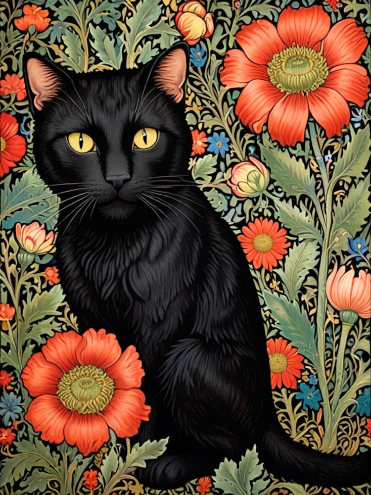 William Morris Black Cat With Flowers