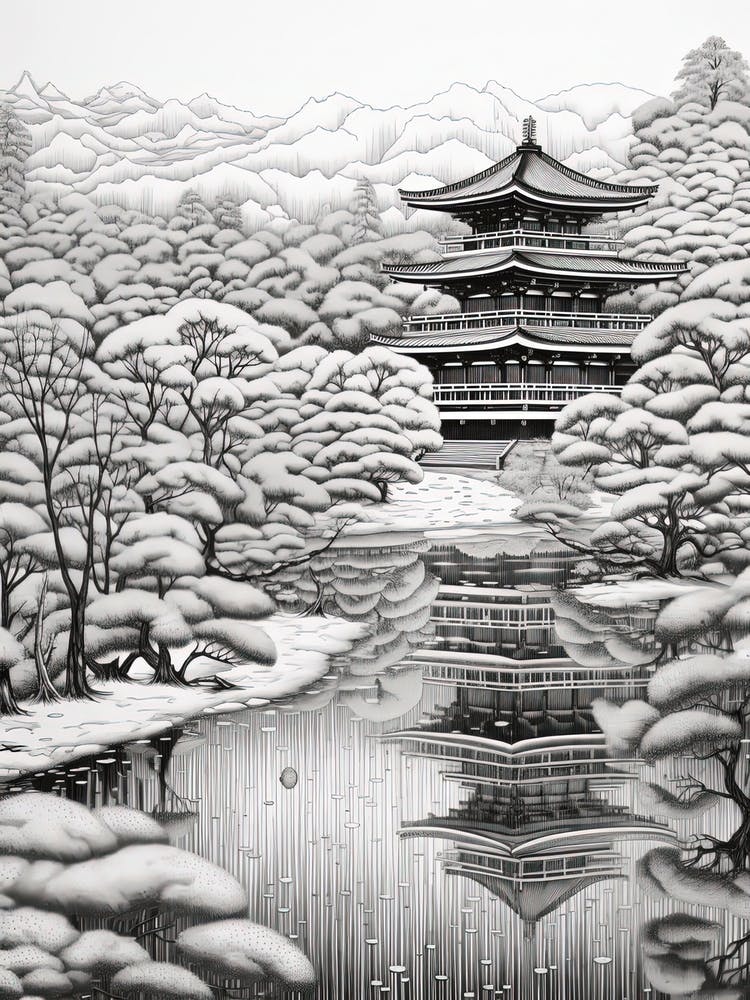 Kinkaku Ji (Golden Pavilion) In Kyoto, Ukiyo E Black And White Line Art Drawing 1