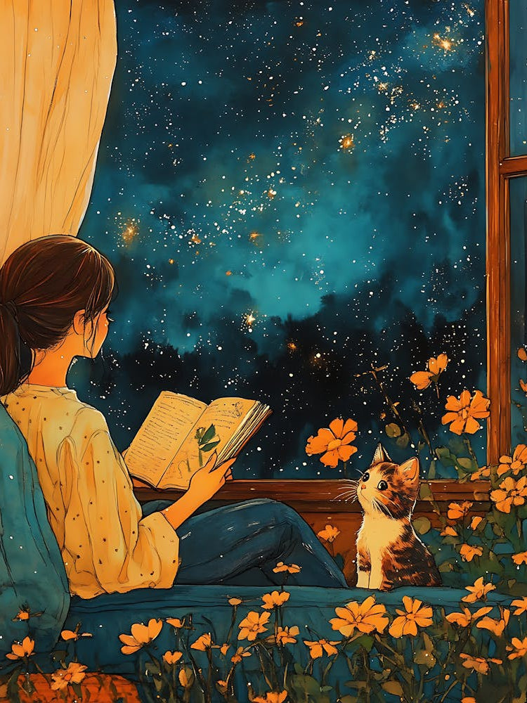 Girl Reading Book with Her Cat 2