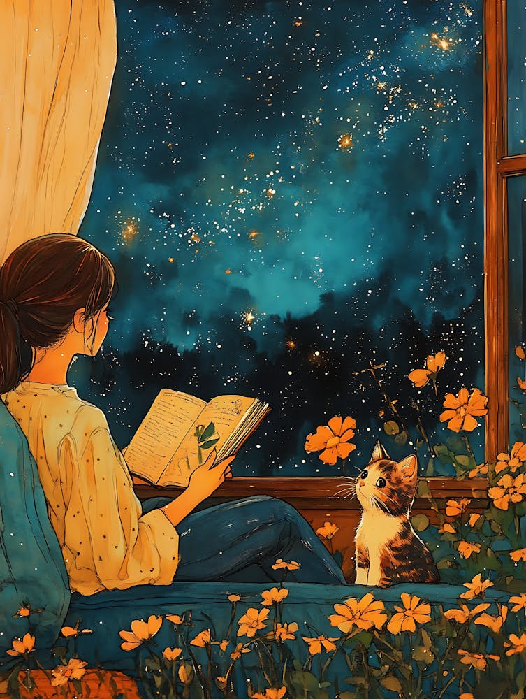 Girl Reading Book with Her Cat 2