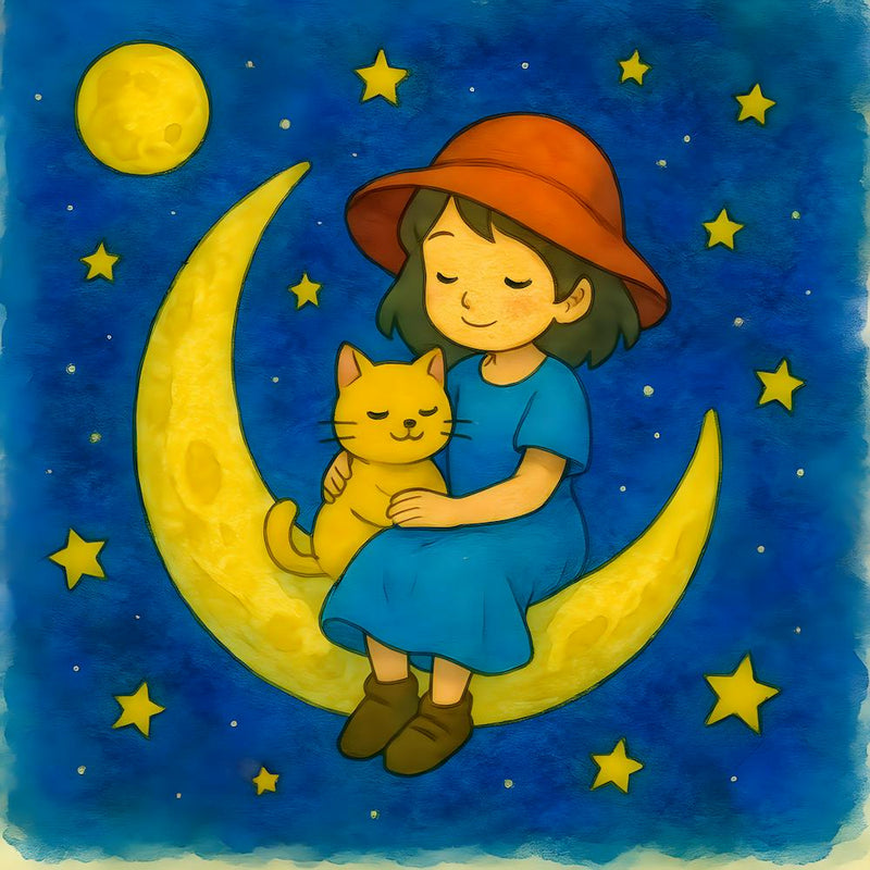Ghibli Inspired Moon Dream – Whimsical Girl And Cat Watercolor, Cozy Night Sky Illustration, Nursery Wall Decor