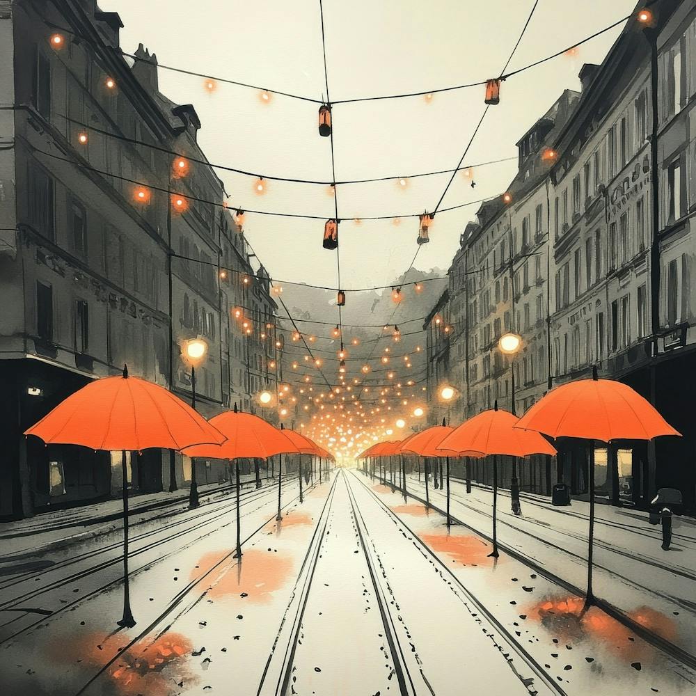Orange Umbrellas On The Street