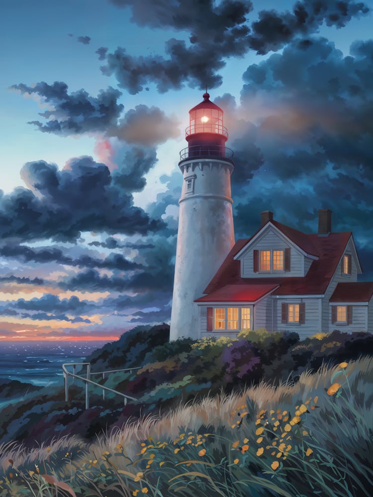 Lofi Lighthouse Art: A glowing red beacon on a coastal lighthouse, set against a dramatic evening sky. A cozy keeper's house glows warmly amid windswept grass and flowers, evoking nostalgic vibes.