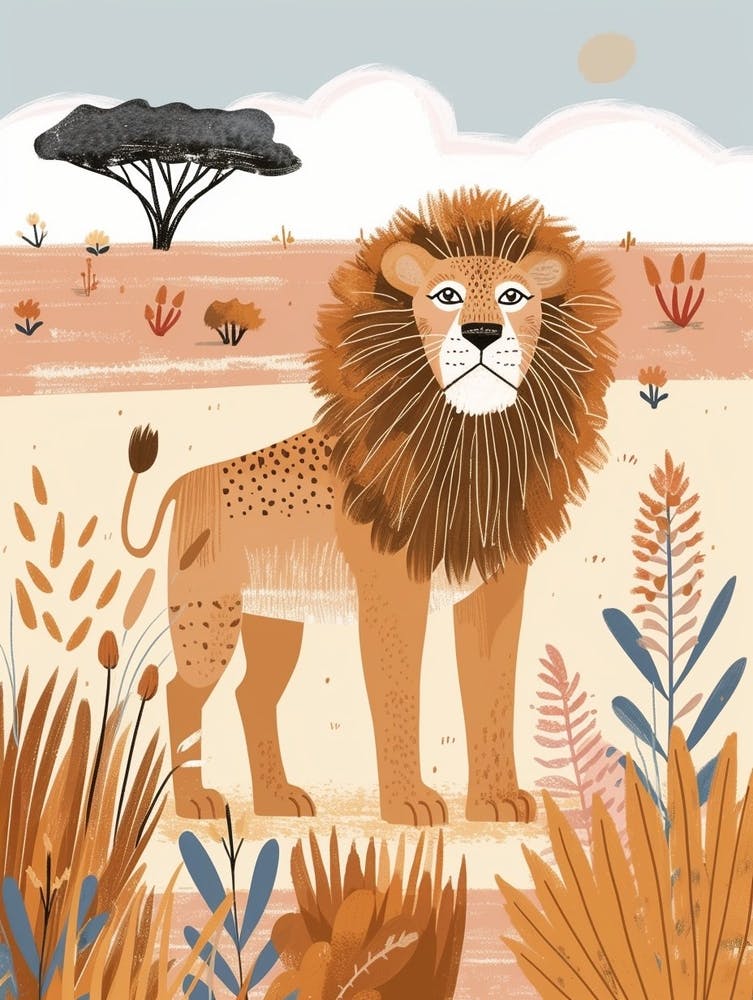 African Lion Hunting In The Savannah Illustration 4