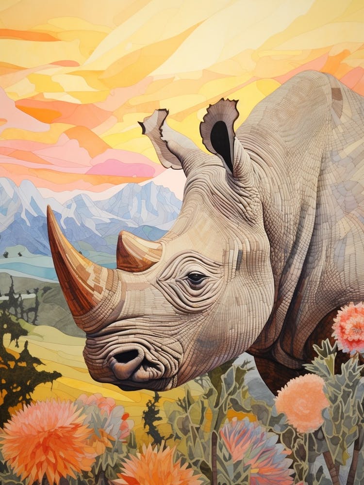 Patchwork Nashorn Im Sonnenuntergang 1