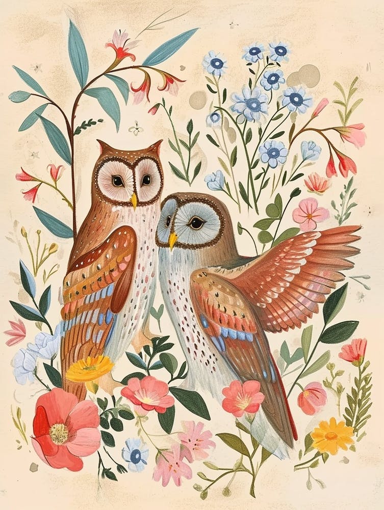 Folksy Floral Animal Drawing Owl