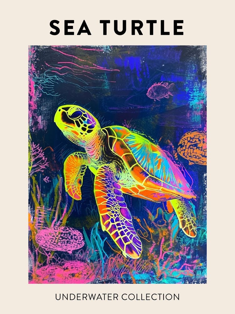 Neon Underwater Sea Turtle Poster 4