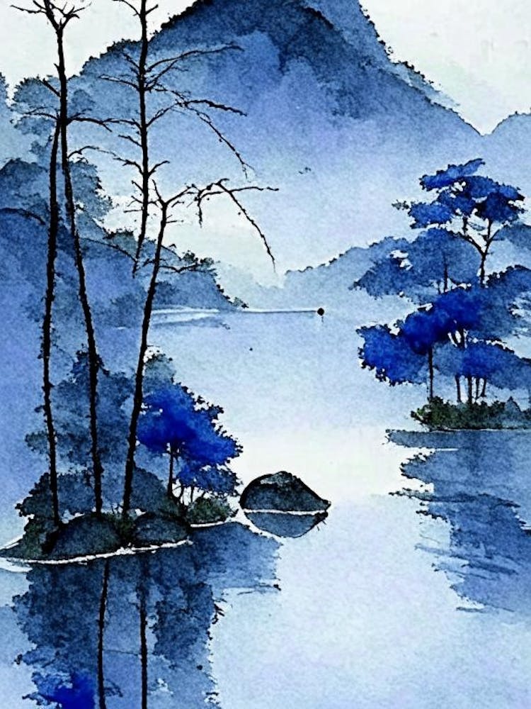 Blue Lake Landscapes Waterscape Watercolour Ink Garden 1