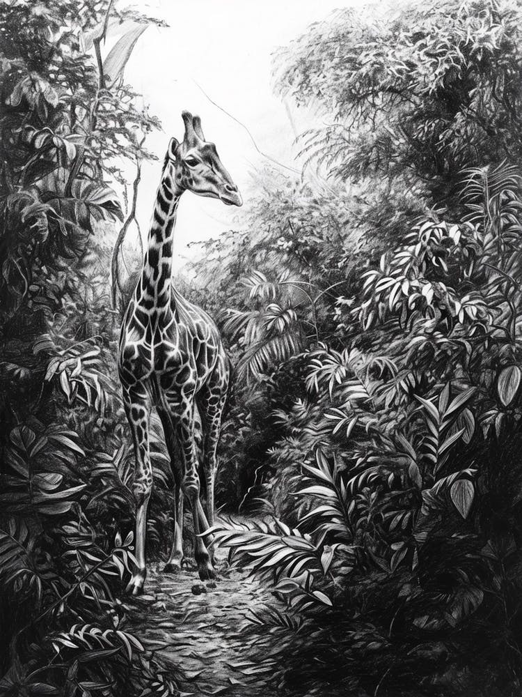 Pencil Portrait Of Giraffe In The Leaves 2