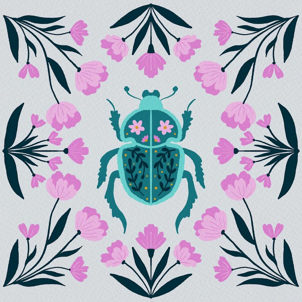 Scarabée et fleurs - rose et turquoise