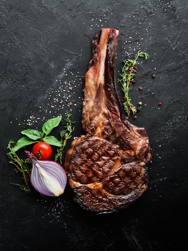 BBQ, Grilled steak on a bone — Food kitchen poster/blackboard, photo art 1