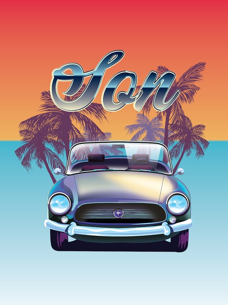 Vintage Car For Son With Palm Trees