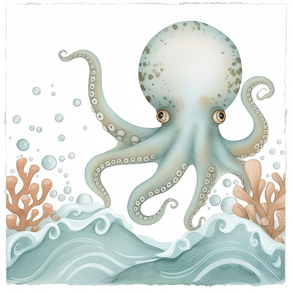 Storybook Style Octopus With Waves 3