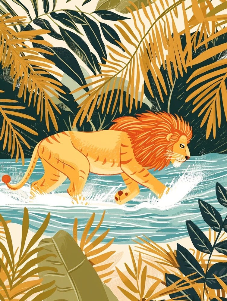 African Lion Crossing A River Illustration 4