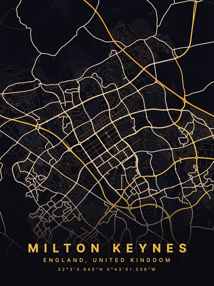 Milton Keynes England Black And Gold Map