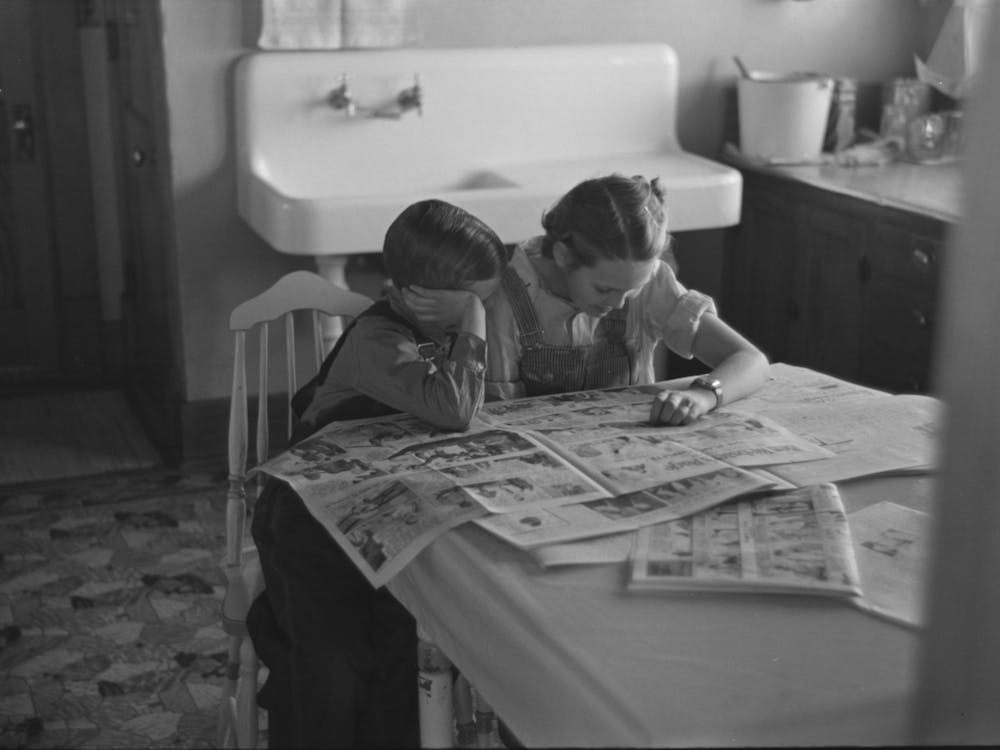 Untitled Photo, Possibly Related To Children Reading Sunday Papers, Rustan Brothers Farm Near Dickens, Iowa