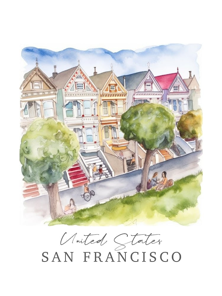 United States San Francisco Storybook 5 Travel Poster Watercolour