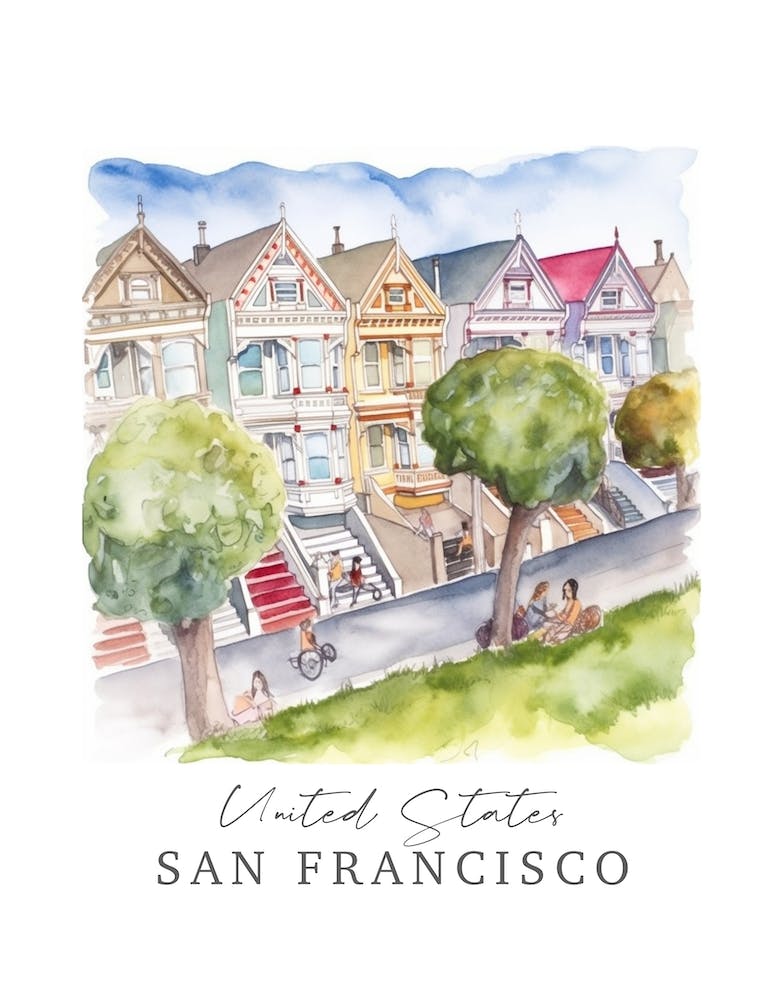 United States San Francisco Storybook 5 Travel Poster Watercolour