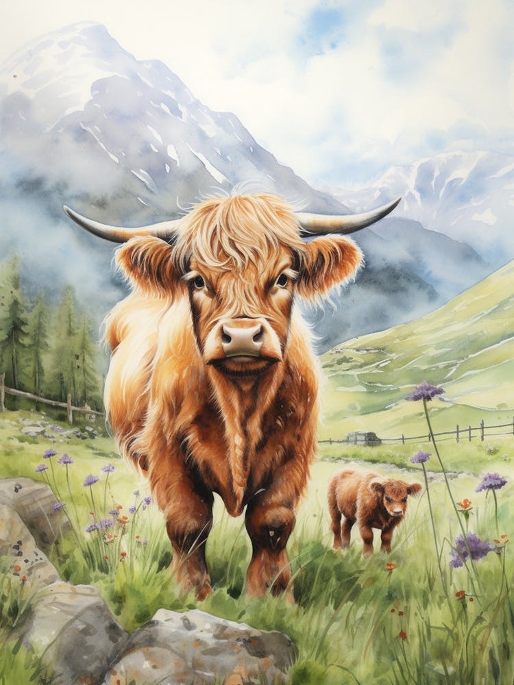 Highland Cow With Calf In The Background