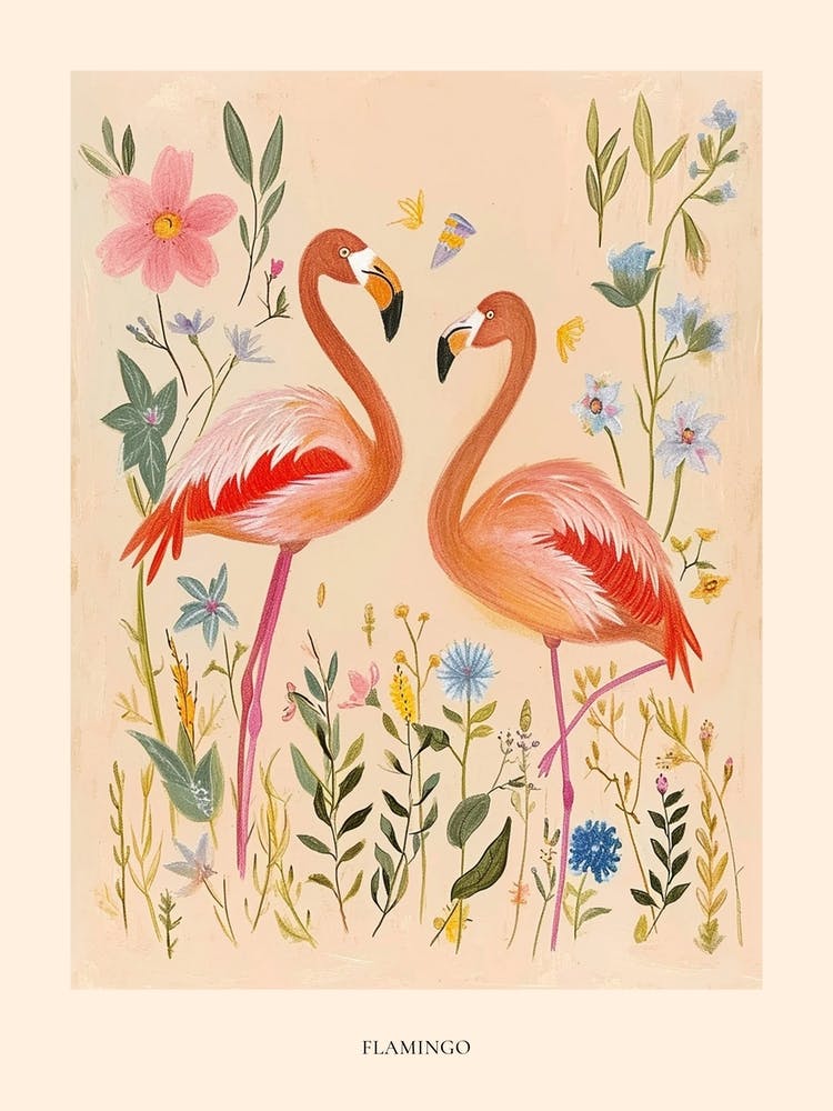 Folksy Floral Animal Drawing Flamingo Poster