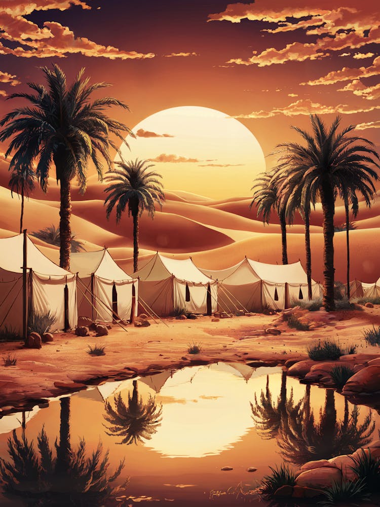 Lofi Anime Art: Desert campsite with palm trees and glowing tents reflected in a sunset-lit pool. Perfect for serene and adventurous vibes.