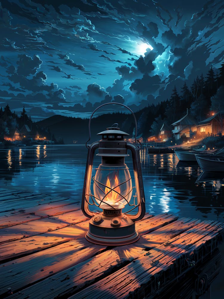 Anime Canvas Art: Serene Lakeside Lantern at Twilight, Warm Glowing Flame on Rustic Dock, Dramatic Cloudy Sky and Peaceful Village Reflection, Perfect for Cozy Lofi Vibes and Nature Lovers.