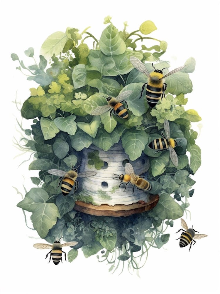 Ivy Bee Beehive Watercolour Illustration 2