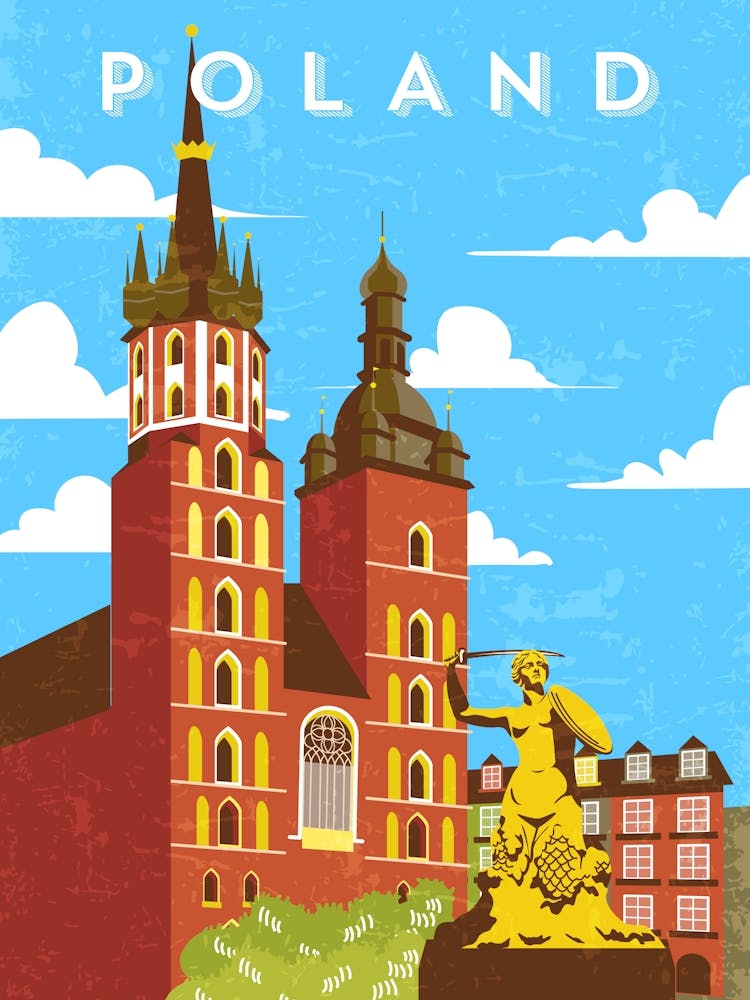 Poland, Krakow — Retro travel minimalist art poster 1