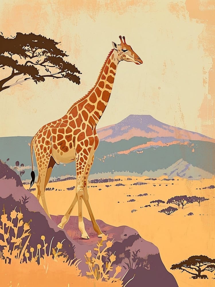 Goldene Giraffe in der Landschaft Aquarell-Illustration 2