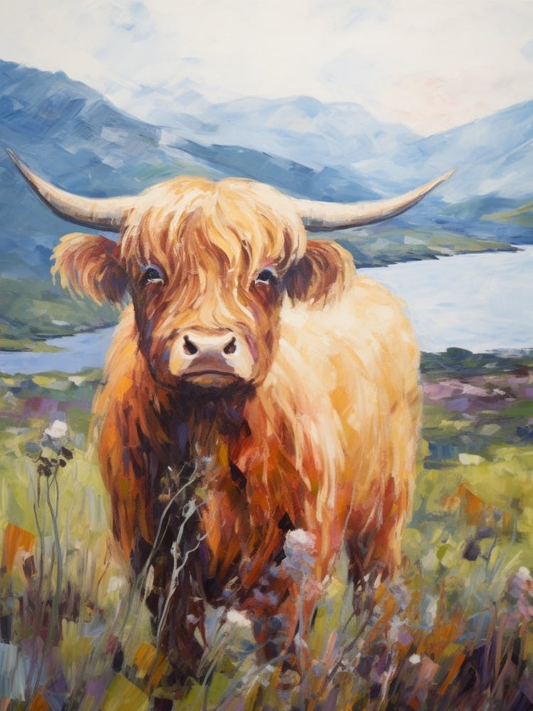 Brushstroke Impressionism Style Painting Of A Highland Cow In The Scottish Valley 4