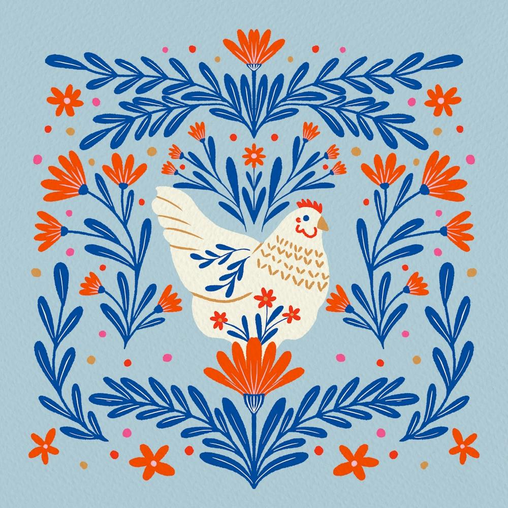 Poulet Fleuri Bleu et Orange