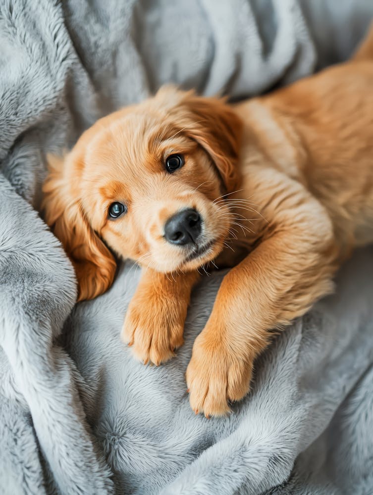 Golden Retriever Puppy Laying On A Blanket. Generated AI.